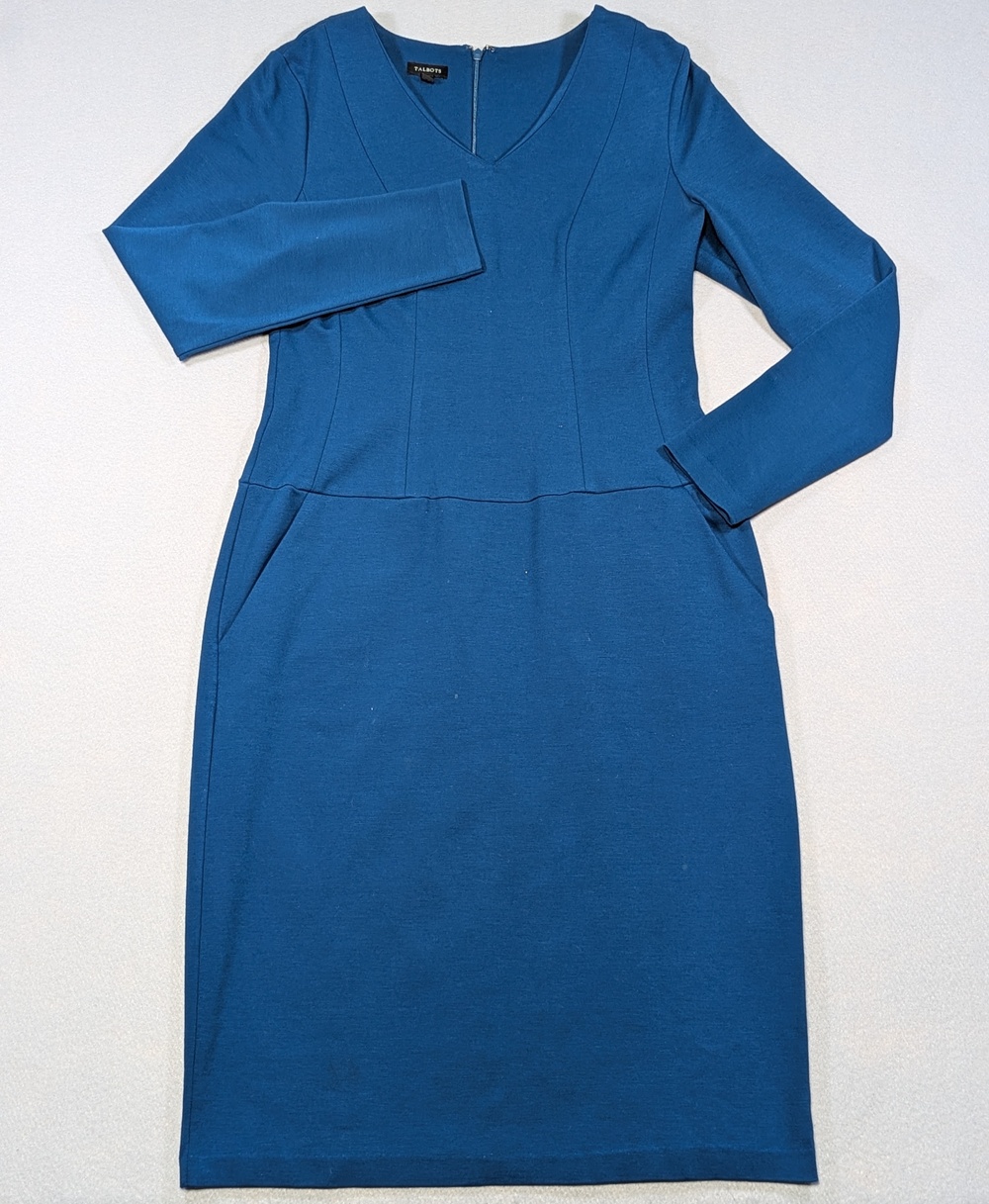 Talbots Dress Womens 8 Blue Long Sleeve V Neck Sheath Knit Knee Length Career